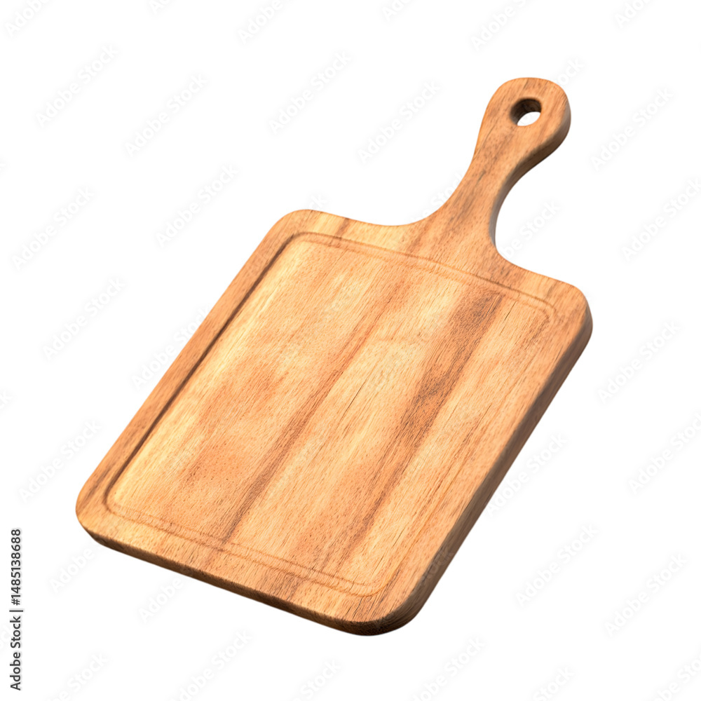 Poster digital rendering of a light brown wooden cutting board, with a simple rectangular shape and a comfo