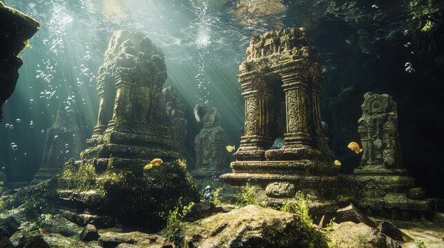 Underwater ruins with sunlight peeking through depicting an ancient lost civilization and architectural monuments