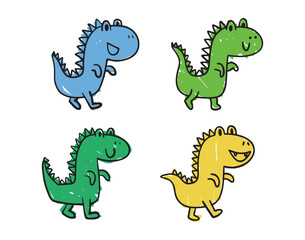 Funny green doodle hand drawn cartoon cute dinosaur set. Baby art, dinosaur with smile character