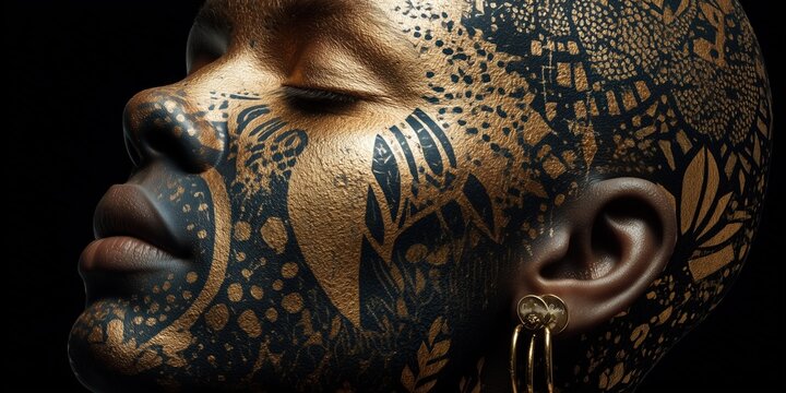 Dark skin tone with golden lace-like tattoo patterns on face and head