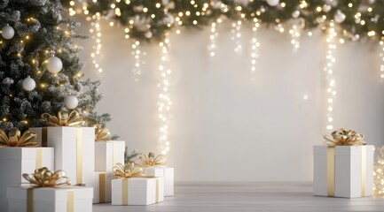 Luxury Christmas background with white gift boxes and golden ribbons, illuminated tree garland for holiday card mockup and product display