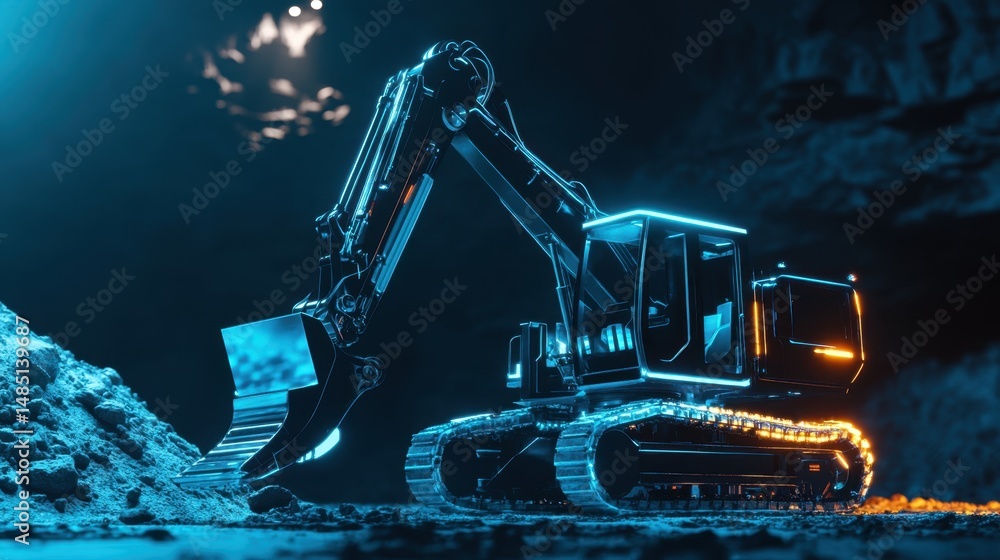 Poster futuristic backhoe loader with embedded touch screen and automation features