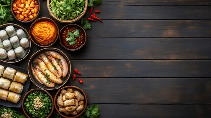 Asian food dishes on dark wooden table with copy space