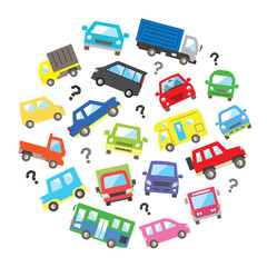 circle icon gallery of various car and question mark - color big size version -