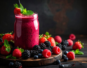 Dark moody smoothie setup with berries