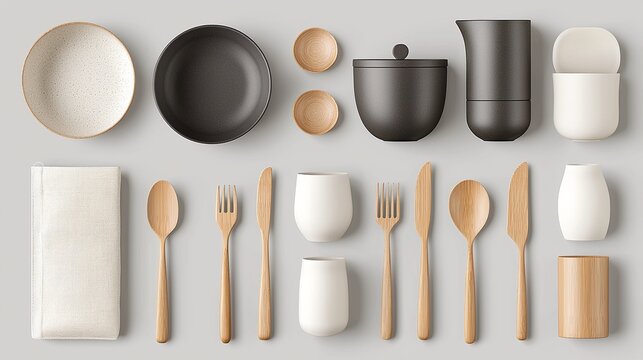 Modern Grey and White Speckled Dishware Set with Wooden Cutlery