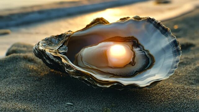 Sunlit pearl nestled within an oyster shell on a sandy beach