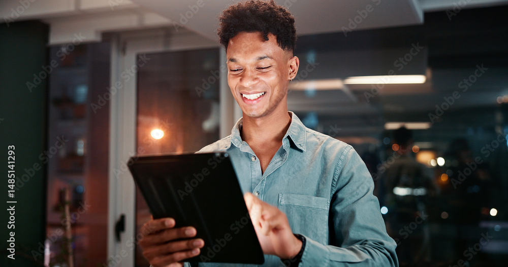 Poster night, tablet and happy business man reading email, editing story or schedule for journalism. digita