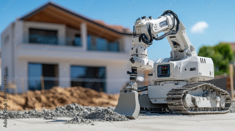 Poster high-tech construction robot autonomously mixing concrete at a smart job site with digital controls