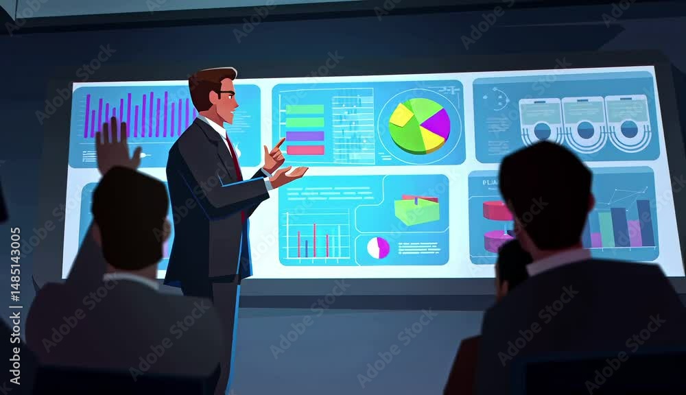Poster a presentation being given in a conference room, showcasing data analysis, charts, and graphs on a l
