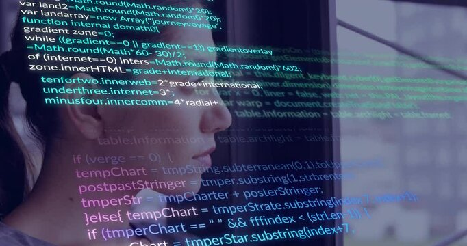 woman gazing at transparent screen, programming code floating over profile in tech workspace