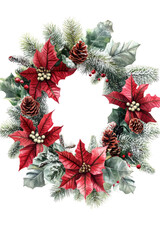 Isolated Christmas Wreath with Poinsettias and Pinecones
