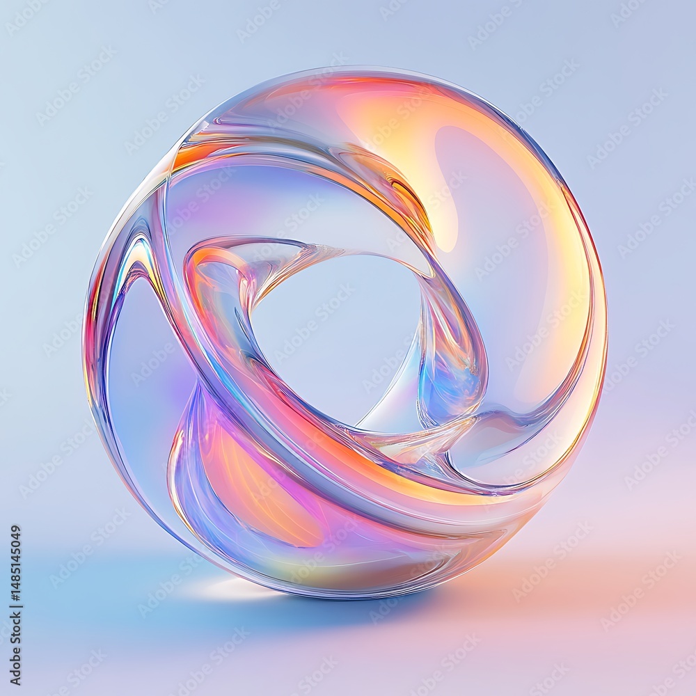 Poster iridescent abstract knot flowing glass loop with colorful gradient light effects
