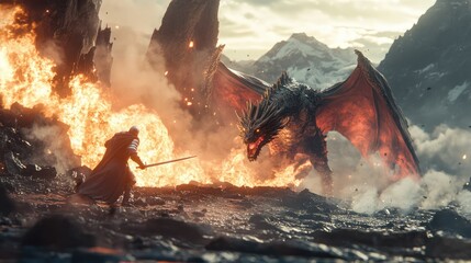 Warrior confronts a fearsome dragon amidst flames in a battle scene fantasy