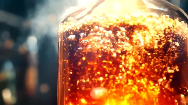 Burning potion bottle in a dark room.