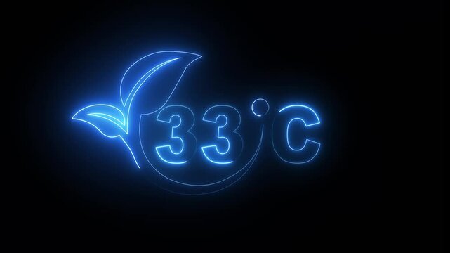 Glowing neon digital temperature display showing 33&deg;C on black background, futuristic LED-style number animation, Researches 33 degrees centigrade. Weather forecast related 4k animation.