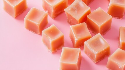 Soft focus shot of tasty caramel cubes on light pink backdrop, top angle composition