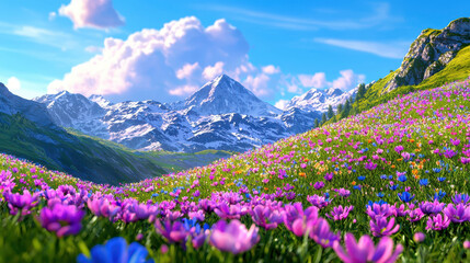 Fototapeta premium Vibrant landscape showcasing tranquil valley filled with colorful flowers and majestic mountains in background