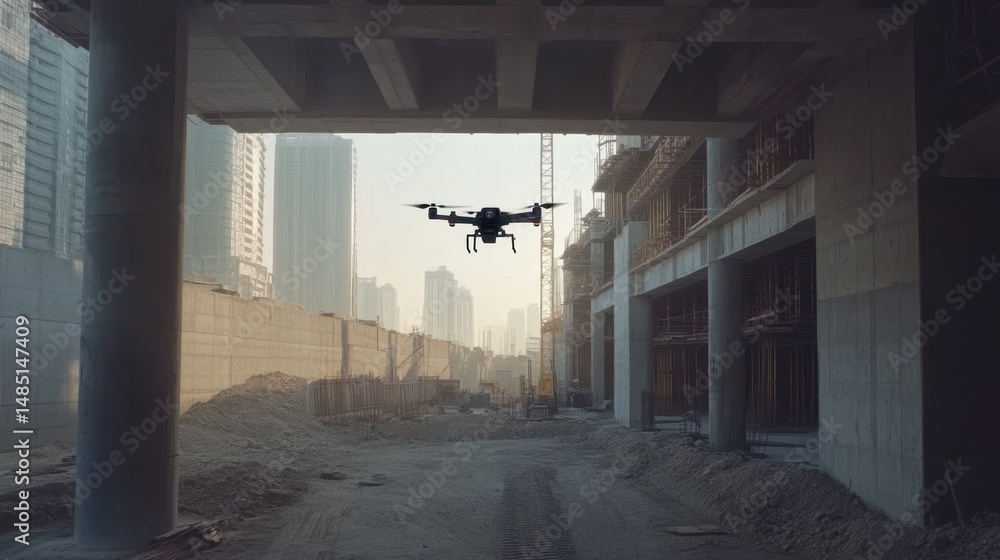Poster robotic drone flying through construction beams, scanning and mapping building dimensions in real ti