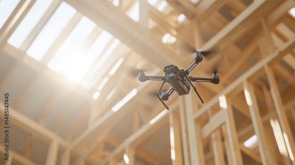 Poster robotic drone flying through construction beams, scanning and mapping building dimensions in real ti