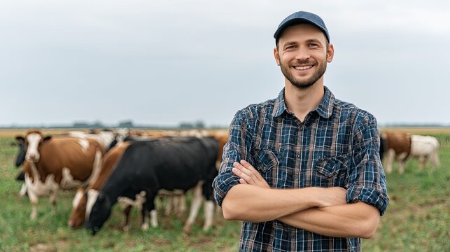 Smiling young farmer in cap standing with crossed arms in pasture with grazing cows on cloudy day