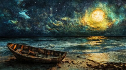 Wooden boat on shore under night sky with a bright moon reflected in the ocean