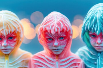 Unique face-painted children in colorful hoodies posing together outdoors