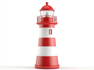 A red and white lighthouse with a lit lamp standing tall against a simple white background. The lighthouse serves as a symbol of guidance, hope and safety for seafarers 