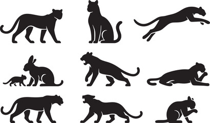 Black Panther Silhouettes Set, Vector Illustration on White