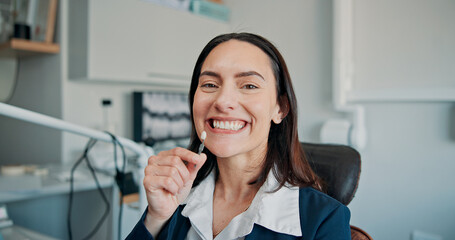 Happy woman, portrait or patient in dental clinic for crown, veneers or medical procedure. Appointment, smile or person with implant in oral exam for dentistry, teeth whitening or cosmetics treatment