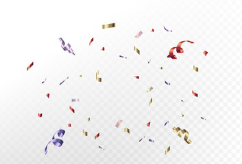 purple,red,and gold, confetti and ribbon streamers falling on a transparent background. blurred. Big and small,abstract frame,Vector. eps 10	