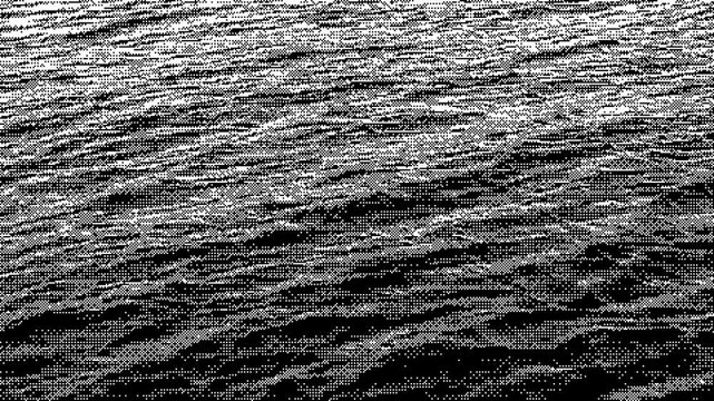 Black-and-white animation of moving water surface and splashes with a dithering effect. Video in pixel-art style. Ideal for backgrounds, visual design, and motion graphics.