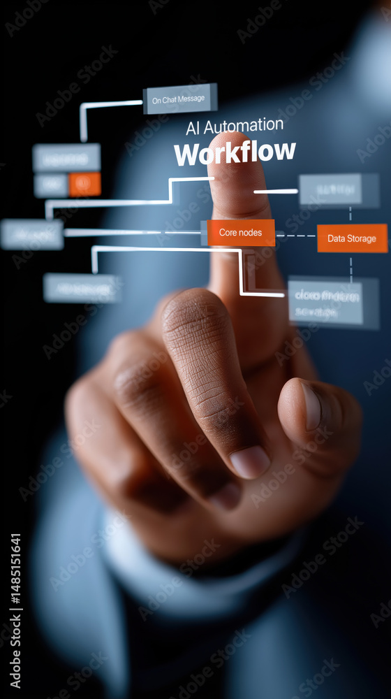 Poster hand touching digital screen with ai automation workflow diagram, futuristic technology concept