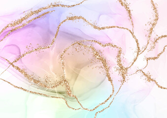 Pastel coloured alcohol ink background with gold glitter 