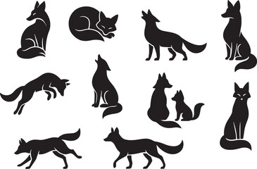 Fox Silhouettes Vector Set, Isolated on White Background