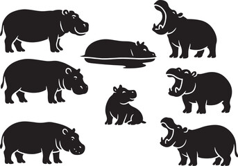 Hippo Silhouette Vector Set, Isolated on White Background.