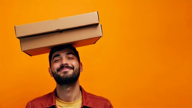Smiling young man with beard balancing pizza boxes on head against vibrant orange background. Concept of fun food delivery, humor, and joyful expression