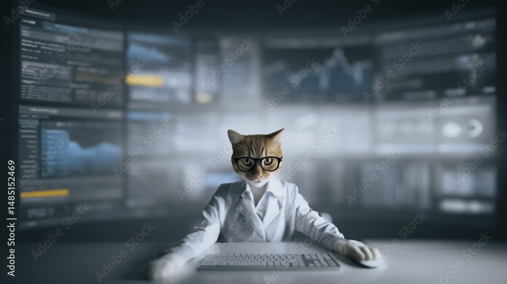 Poster cat analyst: a highly intelligent feline, clad in a lab coat and glasses, takes on the role of a dat