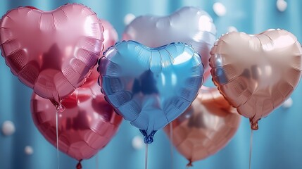 Heart-shaped foil balloons in various colors floating against a light blue background with bokeh dots