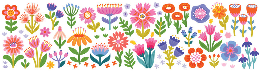 Floral collection with flowers, leaves for your design. Hand drawn set. Vector illustration.