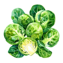 Obraz premium Fresh and Vibrant Brussels Sprouts with Lush Green Leaves in a Detailed Watercolor Style on a Clean White Background
