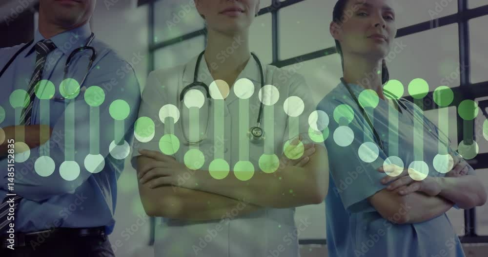 Poster three medical pros standing in lab with grid-pattern window, showing dna helix and stethoscopes
