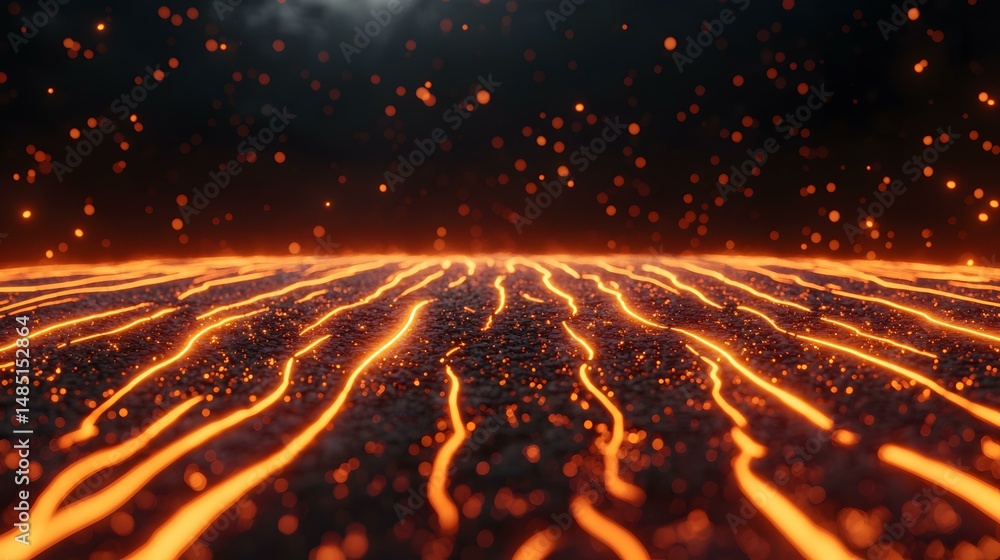 Poster the image shows a dark surface with glowing orange lines resembling flowing lava, and small orange s