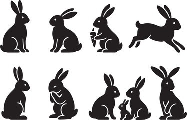 Rabbit Silhouette Vector Illustration Set on White Background