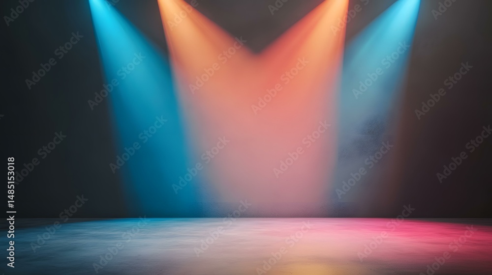Poster the image contains three spotlights illuminating a dark room, creating a vibrant gradient of teal an