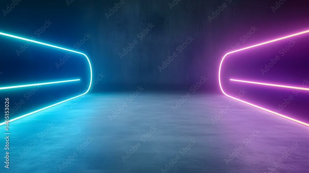 Poster the image contains a dark, textured background with two neon light structures. one is blue and the o