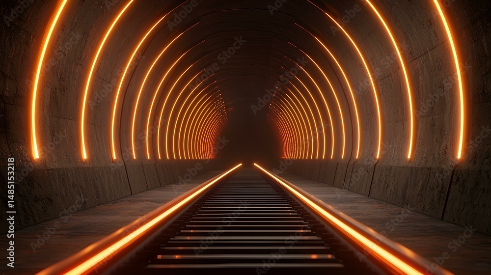 Poster a dark tunnel with a railway track running down the center, illuminated by bright orange neon lights