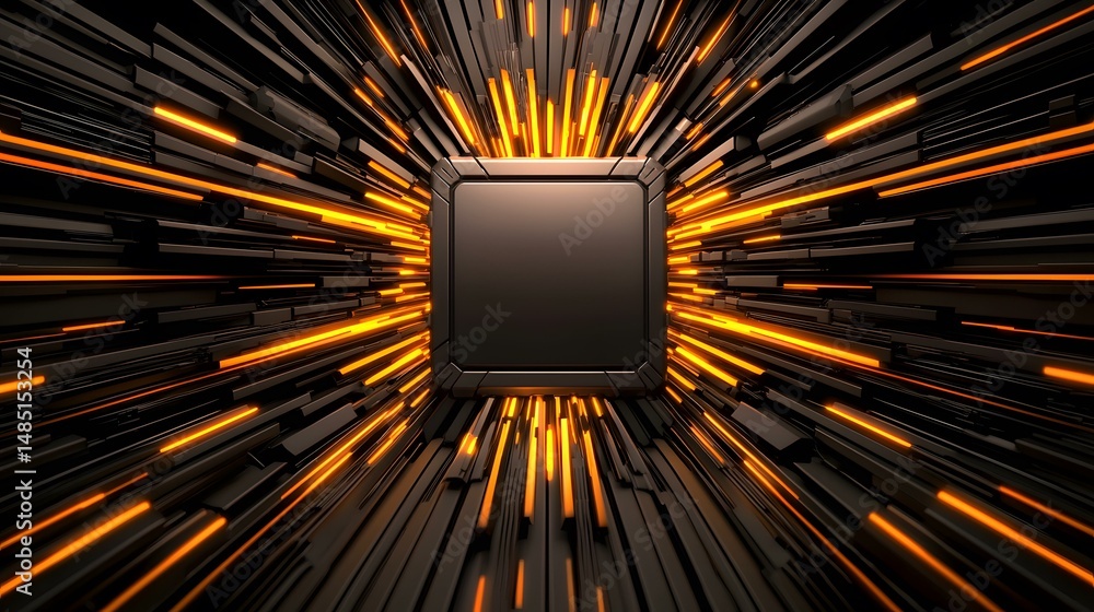 Poster a dark, abstract image features a central black square surrounded by streaks of orange light emanati