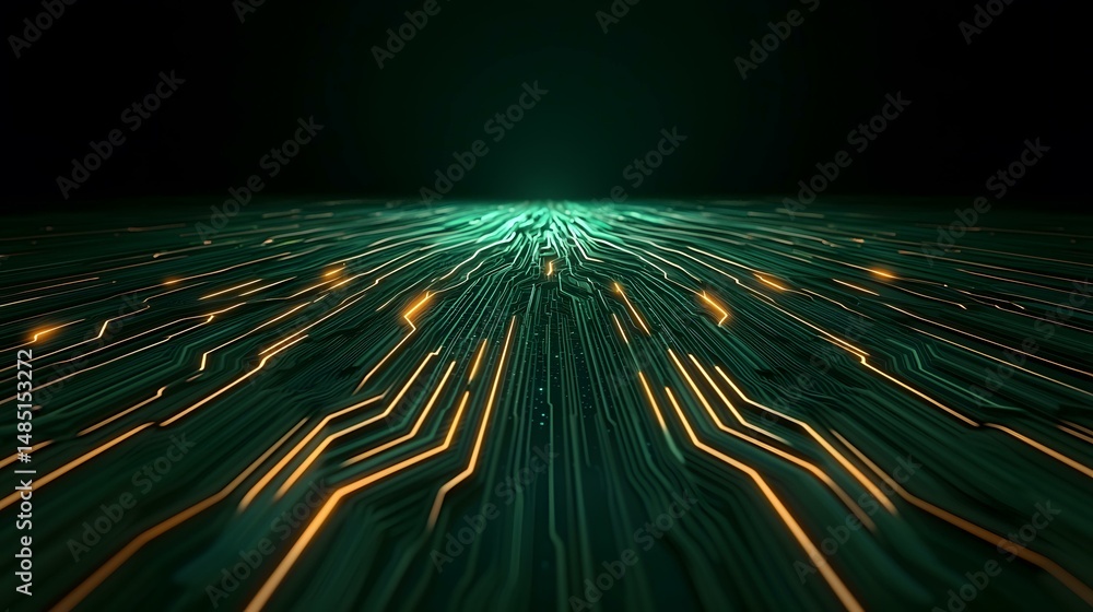 Poster the image shows a dark teal surface with glowing orange lines that resemble a circuit board, recedin