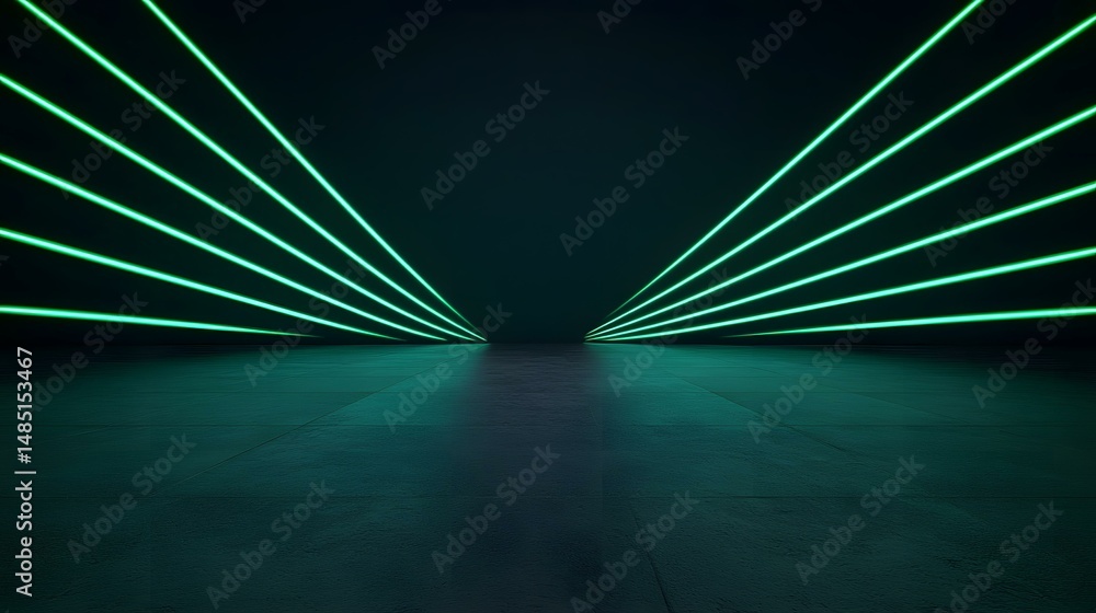 Poster the image contains a dark room with a tiled floor and several bright green parallel lines of light c